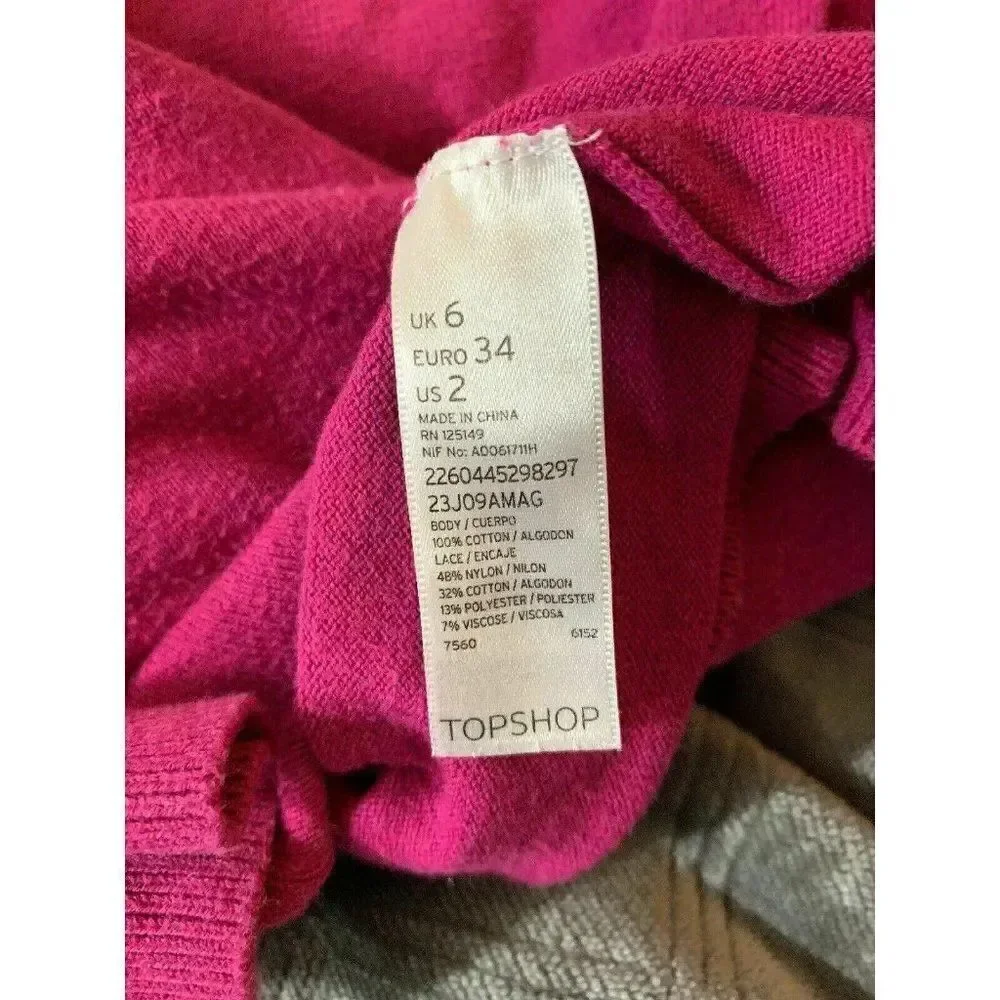 Topshop Womens Pink Black Lace Long Sleeve Top Sweater 2 Xs